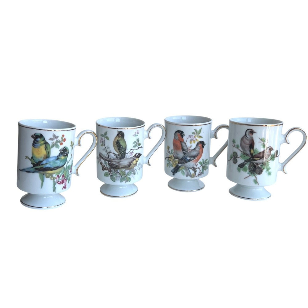 Vintage Royal Crown Bird Mugs Set, 4 Porcelain Footed Tea Coffee Cups Gold Trim